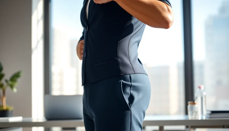 Confident individual showcasing a posture garment in a bright office environment.