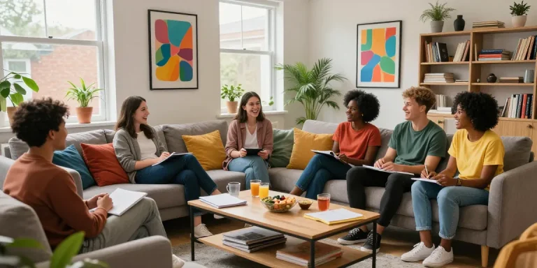 Social gathering in modern living room showcasing Student Accommodation Northampton with comfortable furnishings and natural light.