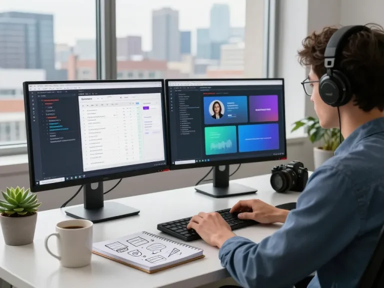 Open claw AI assistant development scene with a focused coder and dual monitors in a modern workspace