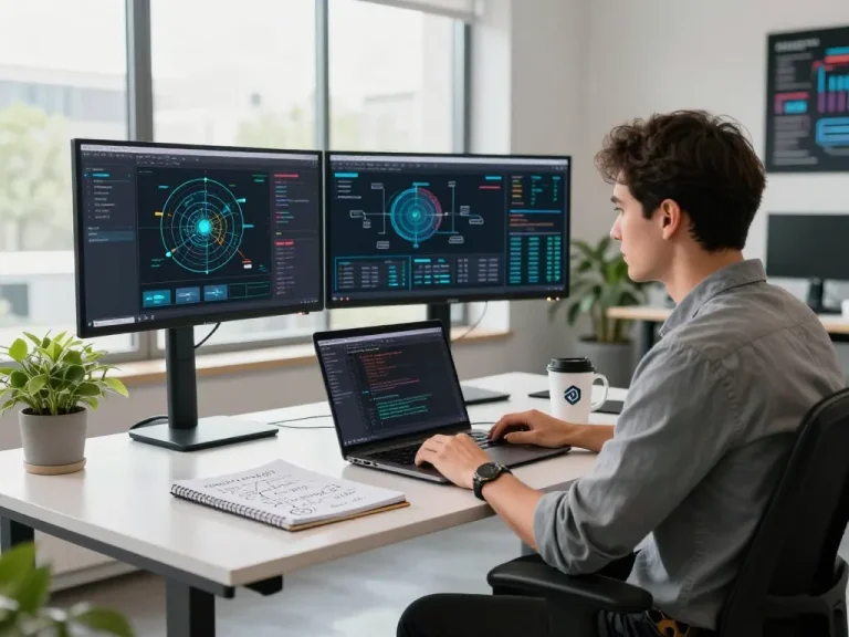 快连 network optimization workspace with engineer at modern standing desk, showcasing AI-driven routing algorithms on multiple screens.