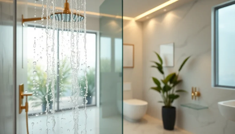 Experience elegant showers in a luxurious modern bathroom setting with rainfall showerhead and marble finishes.