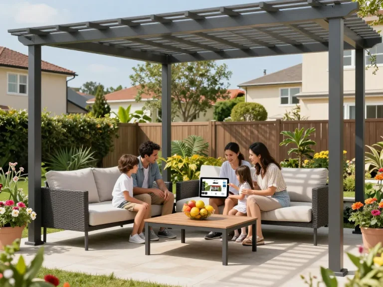 Family using a pergola configurator on a tablet under a customizable pergola in a serene garden setting.