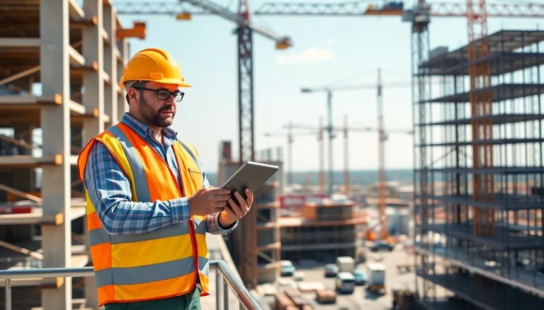 New Jersey Construction Manager analyzing project plans on a construction site.