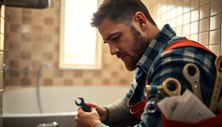 Find a qualified plumber near me fixing pipes in a bright, welcoming bathroom setting.