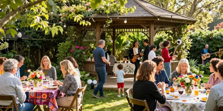 Engaging gazebo hire London scene with guests enjoying a garden party under a beautifully decorated gazebo.