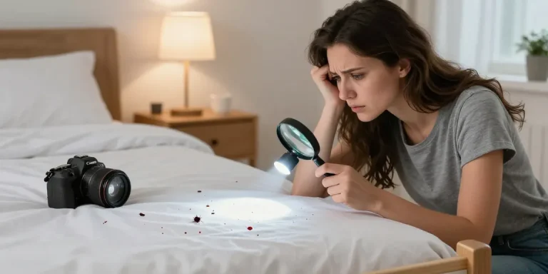 Homeowner inspecting bedding for bed bug infestation signs to find reliable bed bug exterminators.