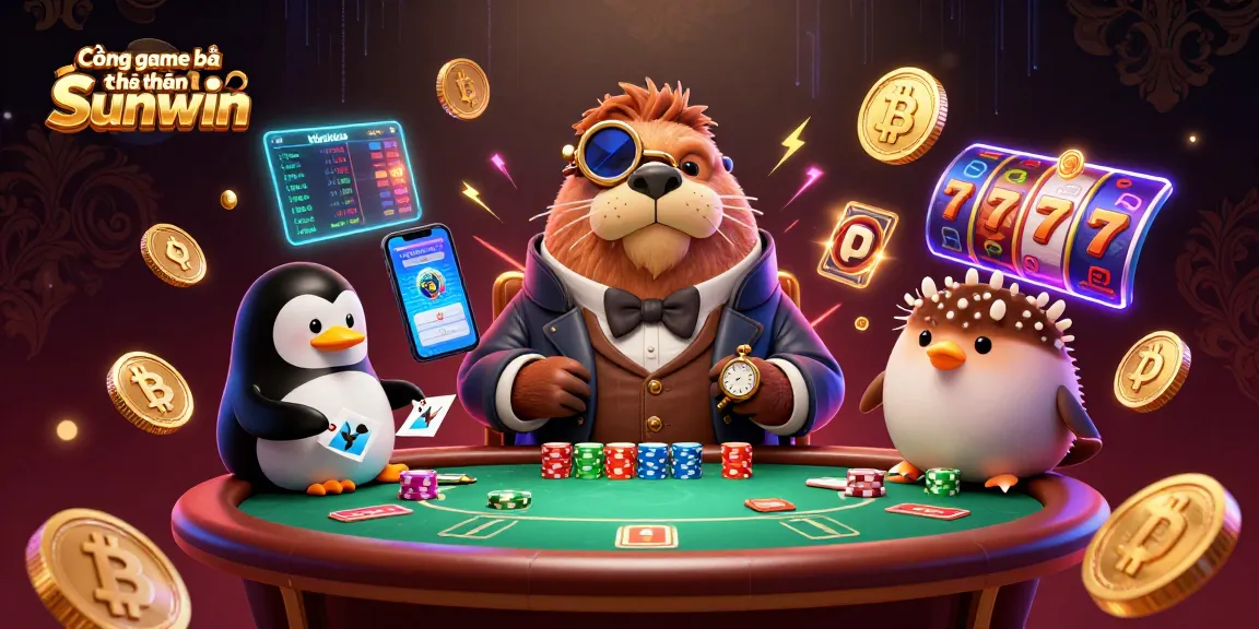 Cổng game bài đổi thưởng Sunwin showcases an energetic poker scene with a jolly walrus, penguin dealer, and a bluffing pufferfish.
