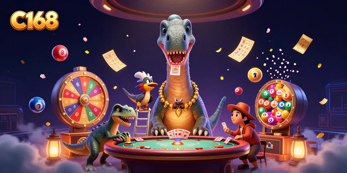 C168 entertains with a vibrant casino scene featuring a giant brontosaurus and clever raptor handling games.