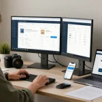 Free phone number checker in a modern home office with dual monitors and scam awareness documents.