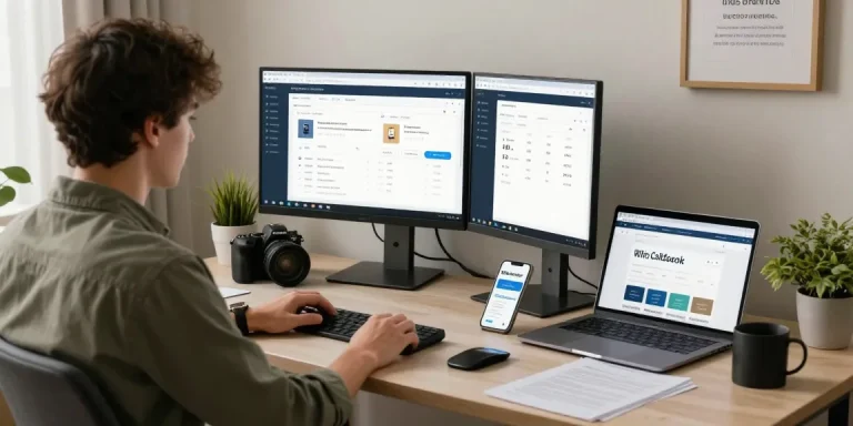 Free phone number checker in a modern home office with dual monitors and scam awareness documents.
