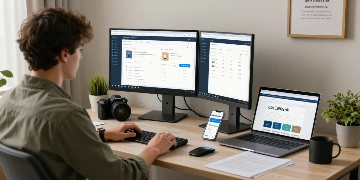 Free phone number checker in a modern home office with dual monitors and scam awareness documents.