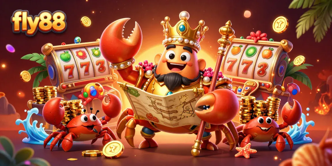 fly88 slot machines and a golden crab king amidst vibrant gaming symbols and treasure, engaging players in excitement