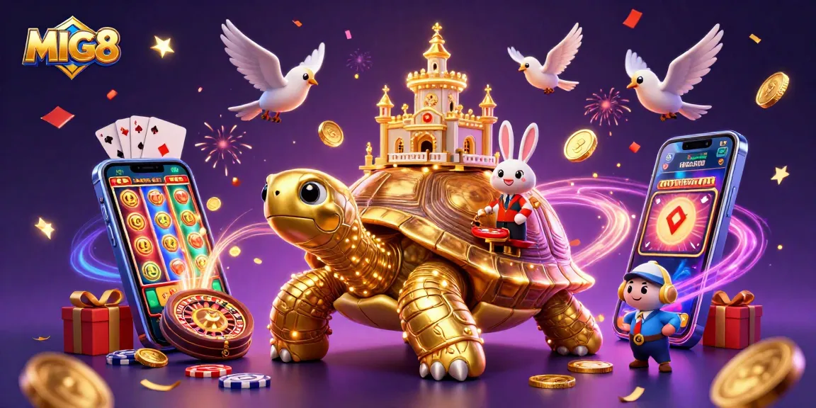 MIG8 enhances casino excitement with golden tortoise and rabbit dealer amidst flying coins and festive atmosphere.