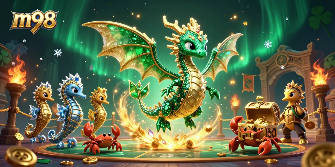 Experience exciting gameplay at m98 with a dynamic sea dragon guarding a treasure chest in a vibrant casino scene.