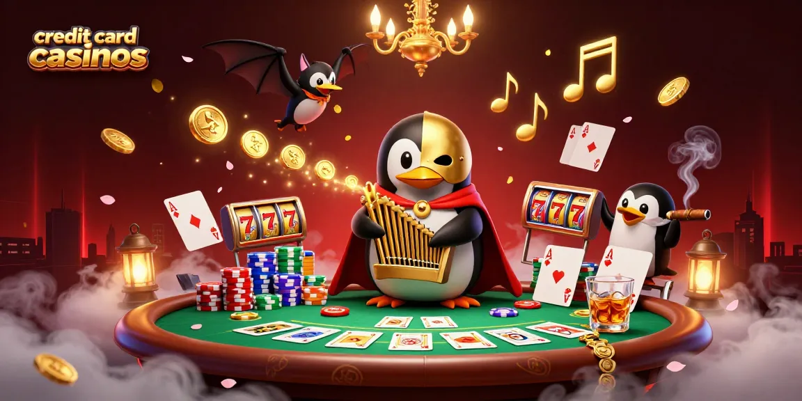 Experience thrilling gameplay at credit card casinos with a stunning scene of a playful penguin and acrobat.
