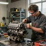 Mechanic using stahlwille tools in a busy industrial workshop, focusing on engine repair.