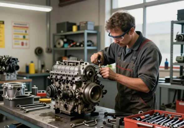 Mechanic using stahlwille tools in a busy industrial workshop, focusing on engine repair.