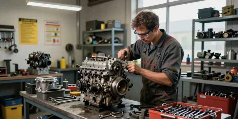 Mechanic using stahlwille tools in a busy industrial workshop, focusing on engine repair.