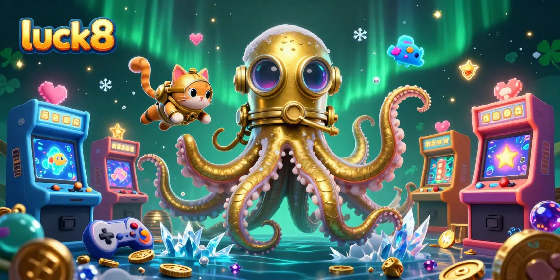 Engage with luck8's thrilling gaming experience featuring a cartoon kraken and a diving cat.