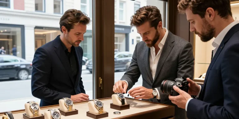 Engaged watch enthusiast examining a detailed Rolex replica in luxury store, showcasing high-quality craftsmanship.