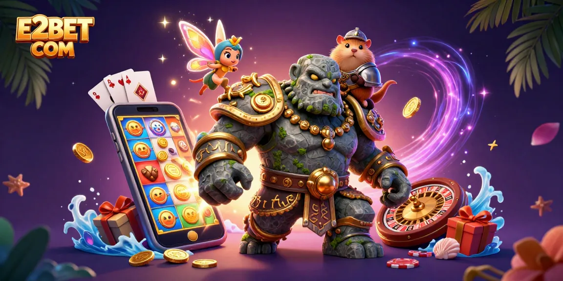 Experience the charm of E2BET COM with a vibrant 3D casino illustration showcasing an ancient stone golem, fairy magic, and slot games.